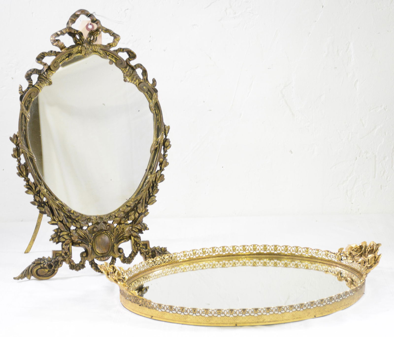 Brass Free Standing Mirror & Tray With Rose Motif (1 of 3)