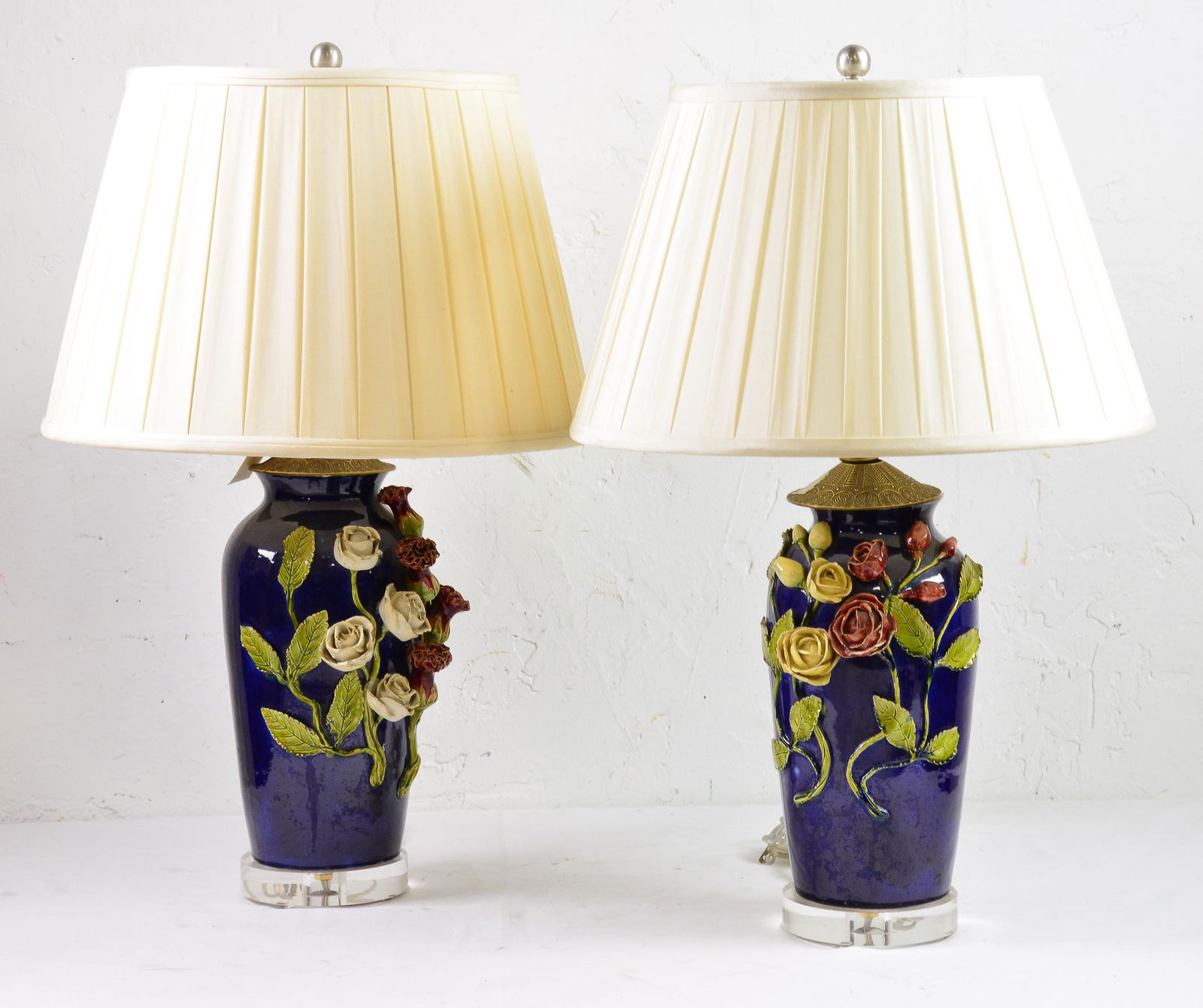 Pair of Blue French Majolica Lamps on Acrylic Bases (1 of 4)