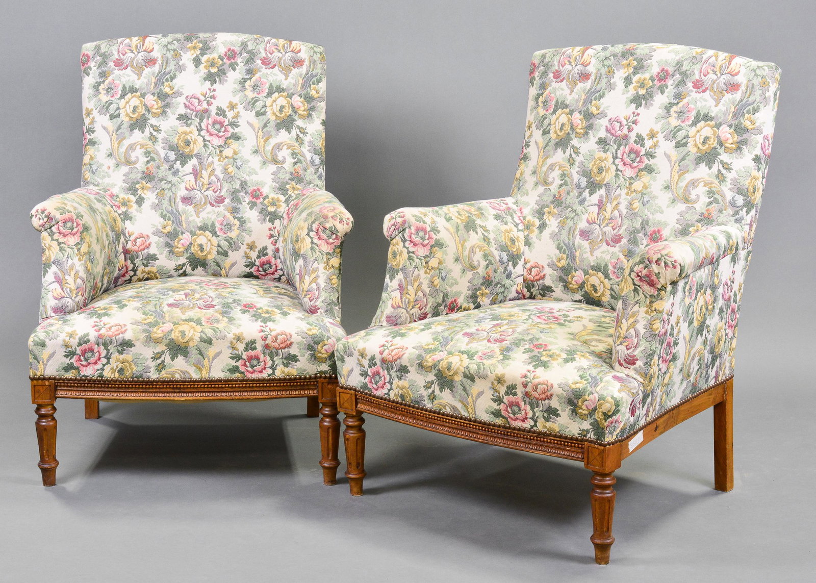 Pair Louis XVI Style Floral Upholstered Arm Chairs: Pair French Louis XVI Style Floral Upholstered Arm Chairs - 37 in tall x 28 x 25