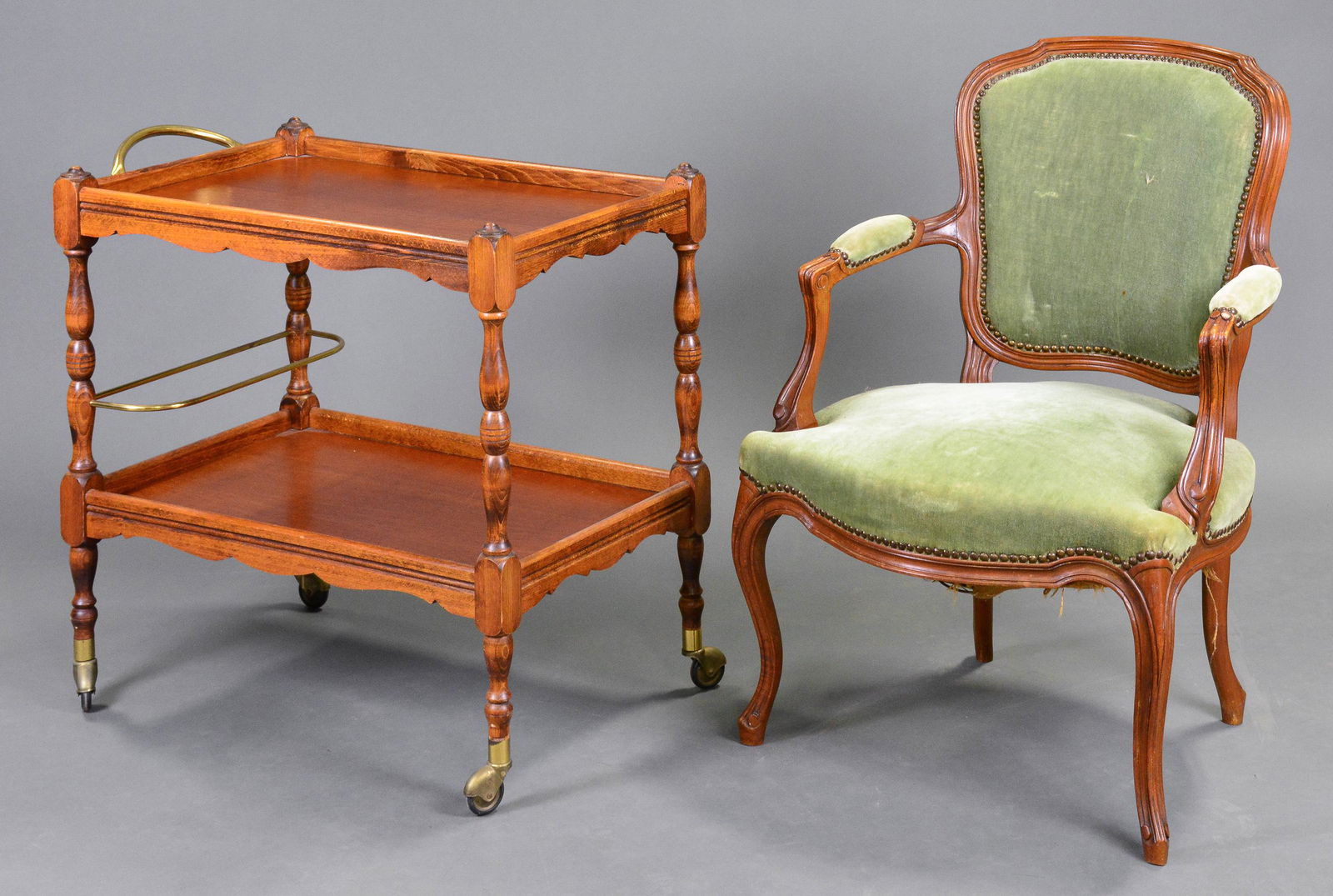 Louis XV Style Green Upholstered Arm Chair & Trolley (1 of 4)
