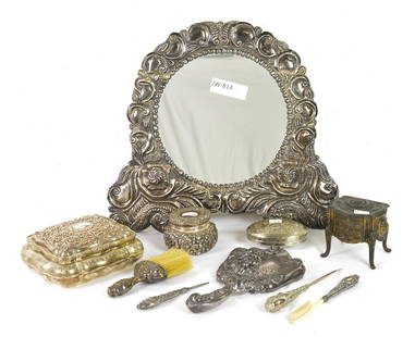 10 Assorted Silverplate Items - Mirrors, Boxes, Etc.: 10pcs Assorted Silverplate Dressing Items - Mirrors, Powder Boxes, Pins, Etc. - 16 in tall x 18 x 1