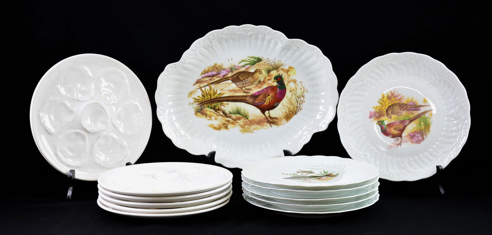 Set of 6 White Oyster Plates & 7 Hunt Scene Plates (1 of 5)