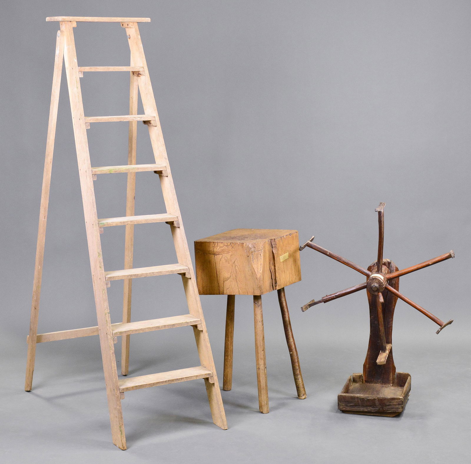 Vintage Oak Ladder, Small Butcher Block & Wheel (1 of 4)
