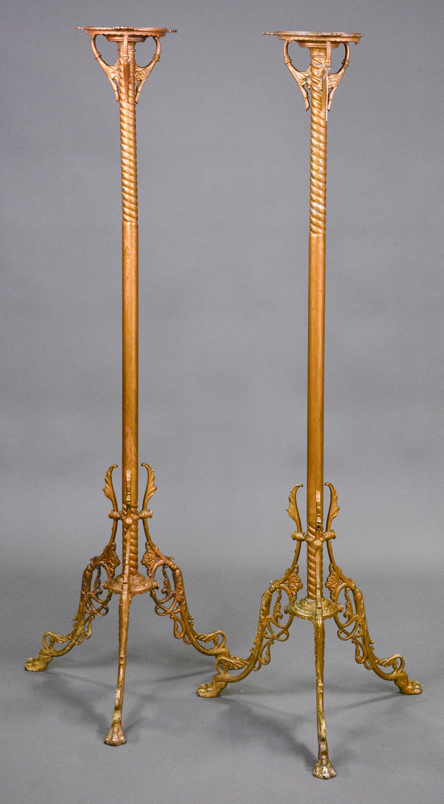 Pair Cast Victorian / Renaissance Style Candle Stands: Pair Cast Brass Victorian / Renaissance Style Tall Candle Stands c.1870 - 54 in tall x 19 x 19