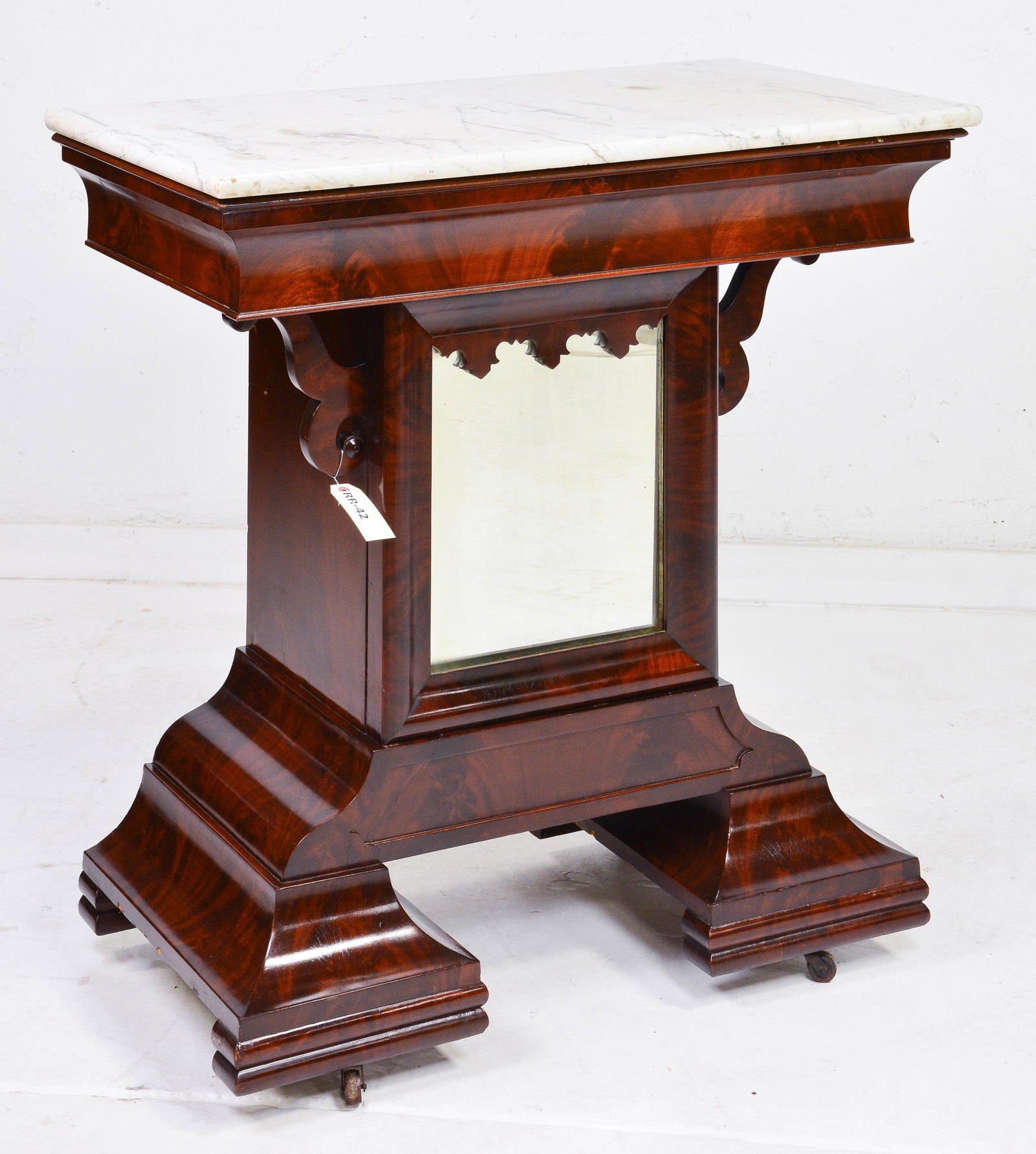 American Victorian Marble Top Console c.1850: American Victorian Mahogany Marble Top Console With Mirrored Door Cabinet Base c.1850 - 39 in tall x 17 x 19
