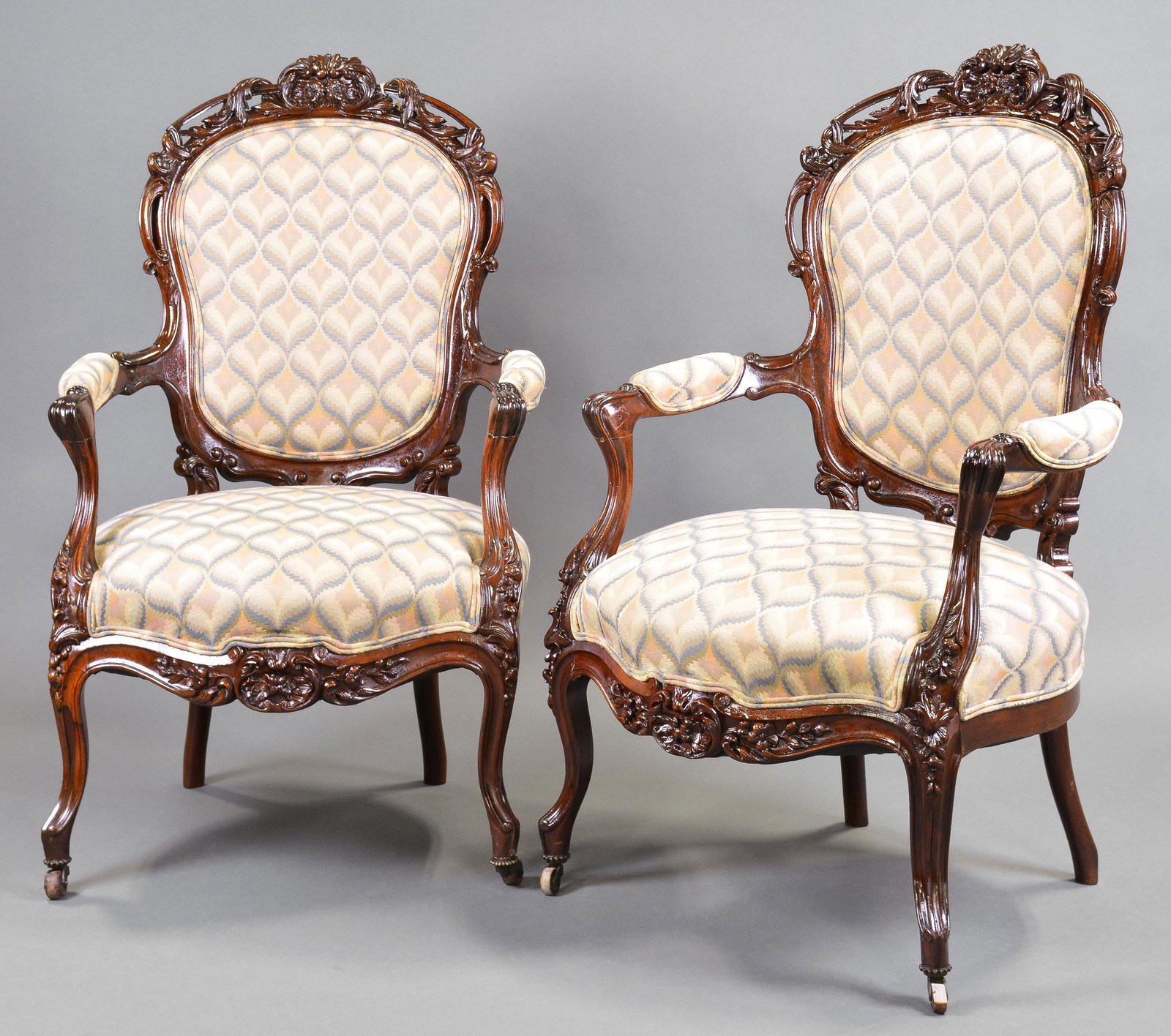 Pair Louis XV Style Carved Rosewood Arm Chairs: Pair Louis XV Style Carved Rosewood Arm Chairs - 41 in tall x 25 x 23