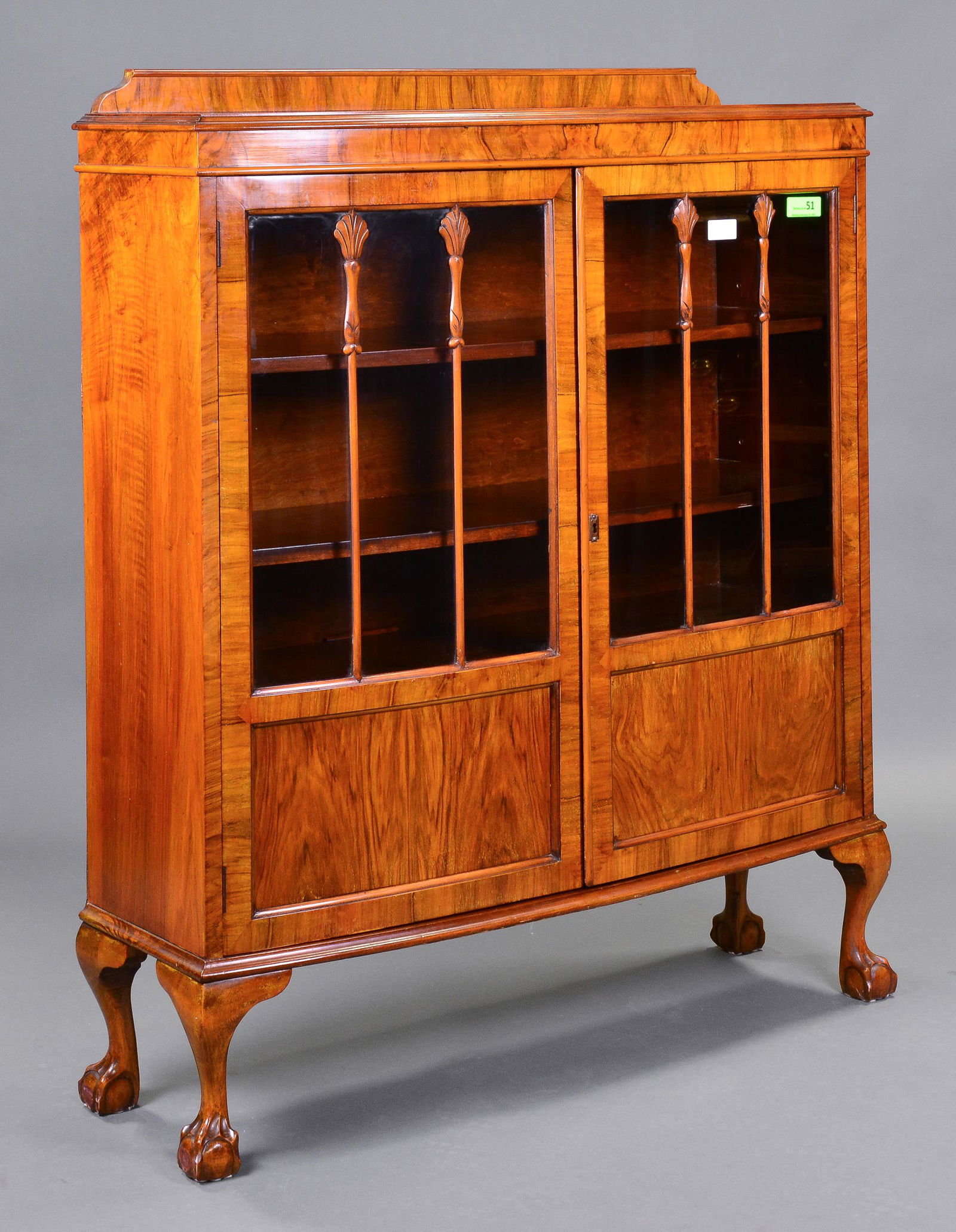 English Ball & Claw Double Door Display Cabinet: English Walnut Ball & Claw Double Door Display Cabinet / Bookcase - 51 in tall x 41 x 14