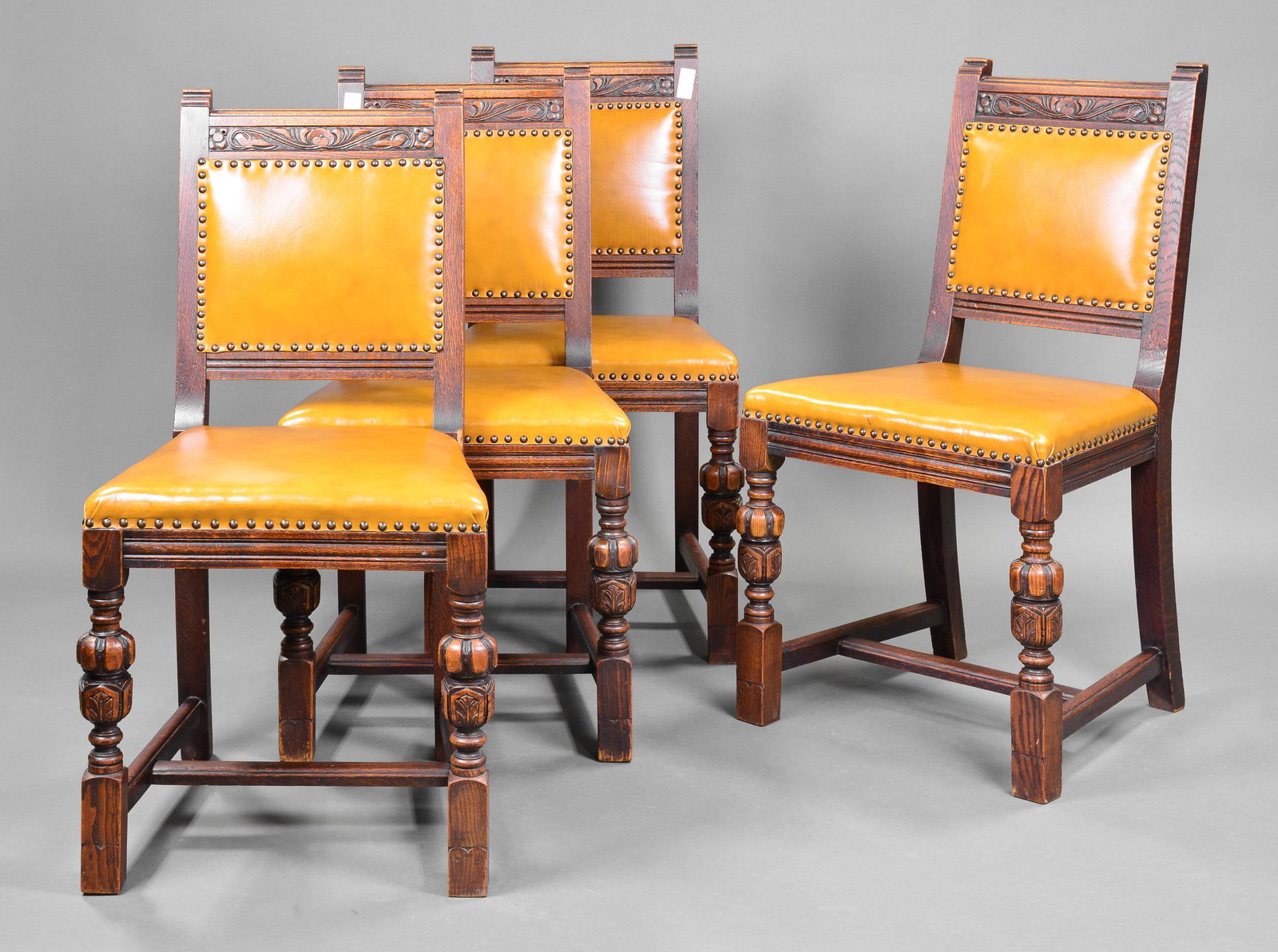 4 Carved Oak Leather Chairs with Nail Heads: 4 English Carved Oak Leather Chairs with Nail Heads - 36 in tall x 20 x 20