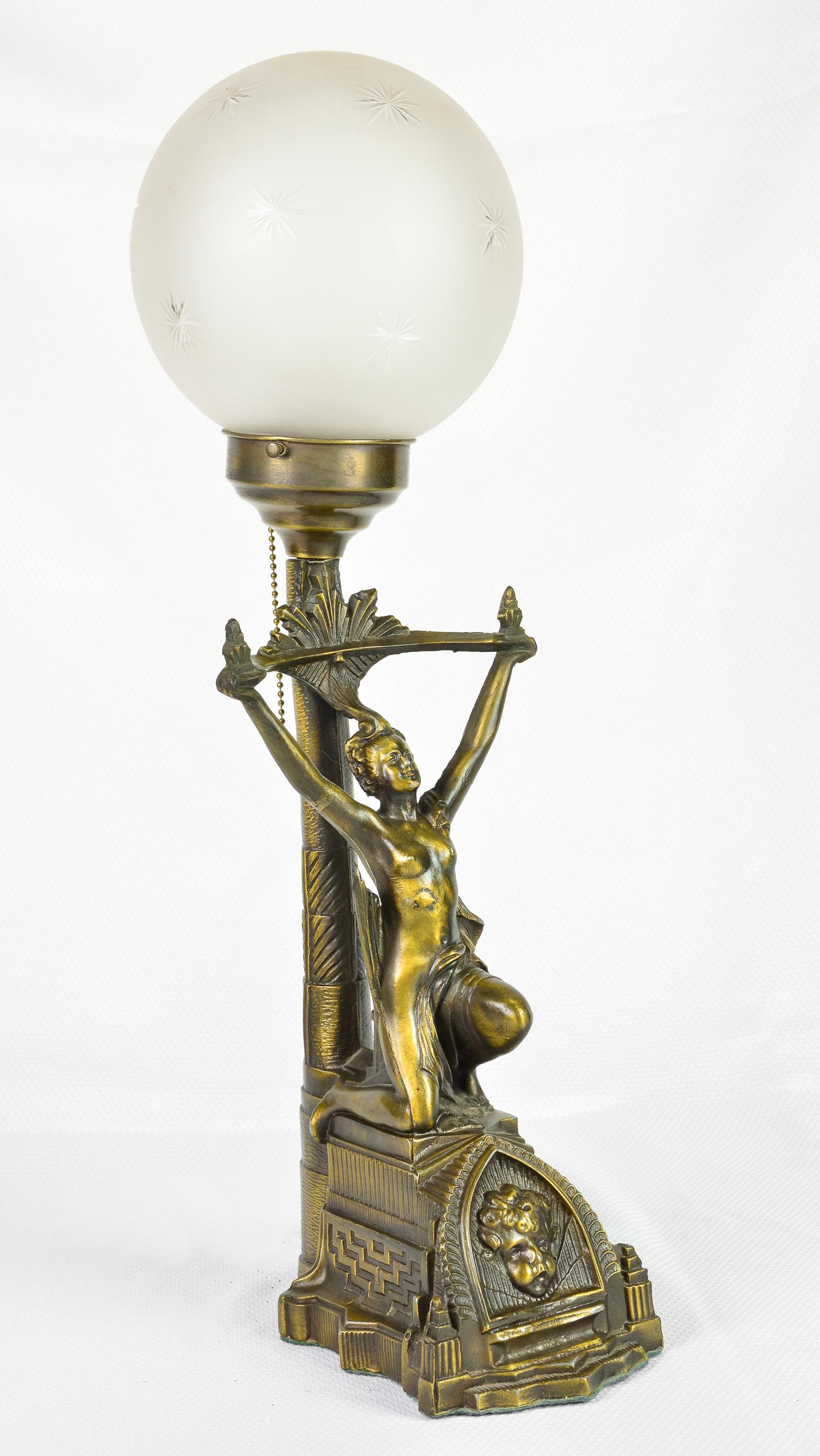 Bronze Figural Lamp With Etched Glass Ball Shade: Bronze Figural Lamp with Etched Glass Ball Shade - American Wired - 23 in tall x 7 x 8 - This lot is sold for decorative purposes only, if you plan to use this item please have it inspected by a quali