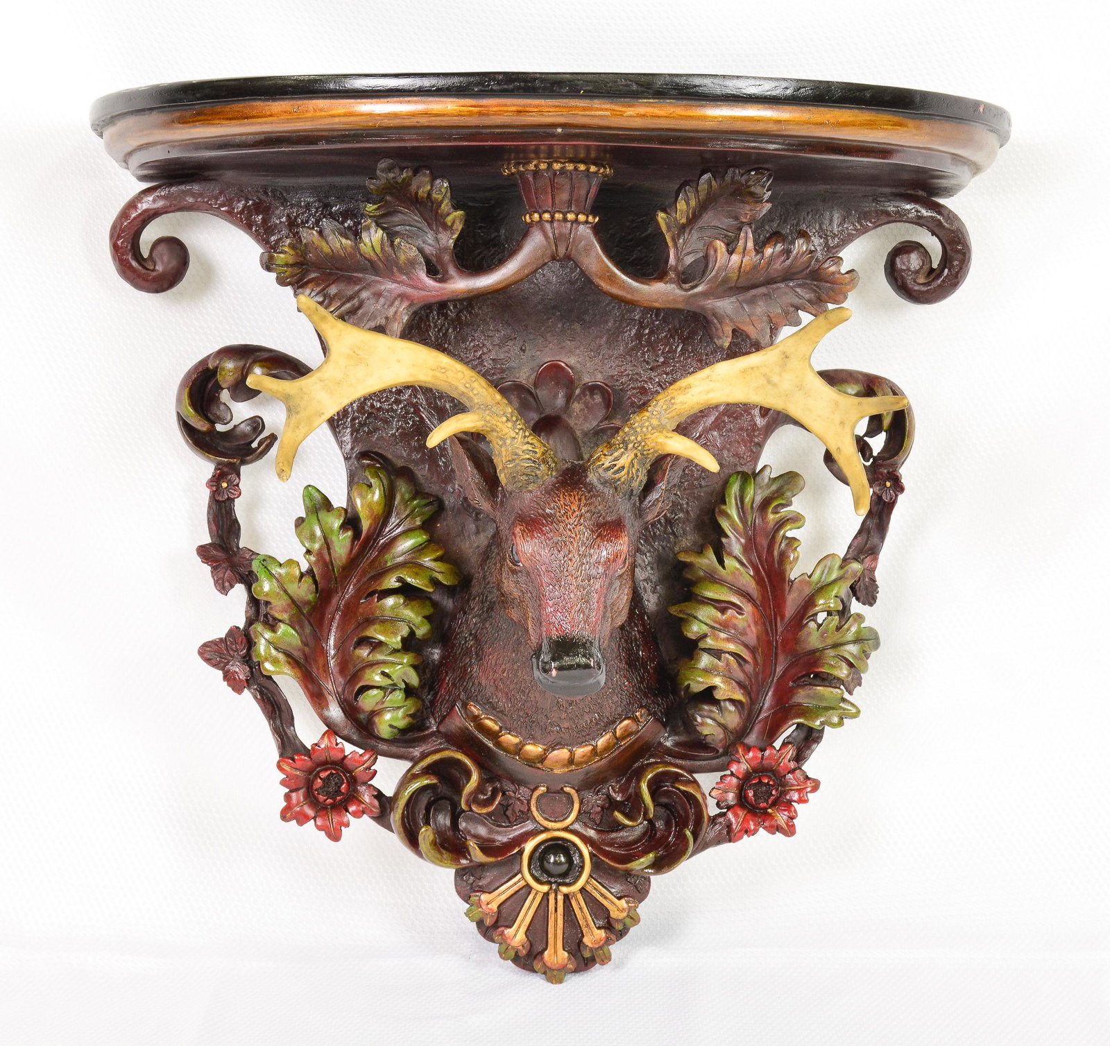 Carved Half Moon Wall Shelf with Deer: Carved Half Moon Wall Shelf with Deer - 18 in tall x 19 x 10