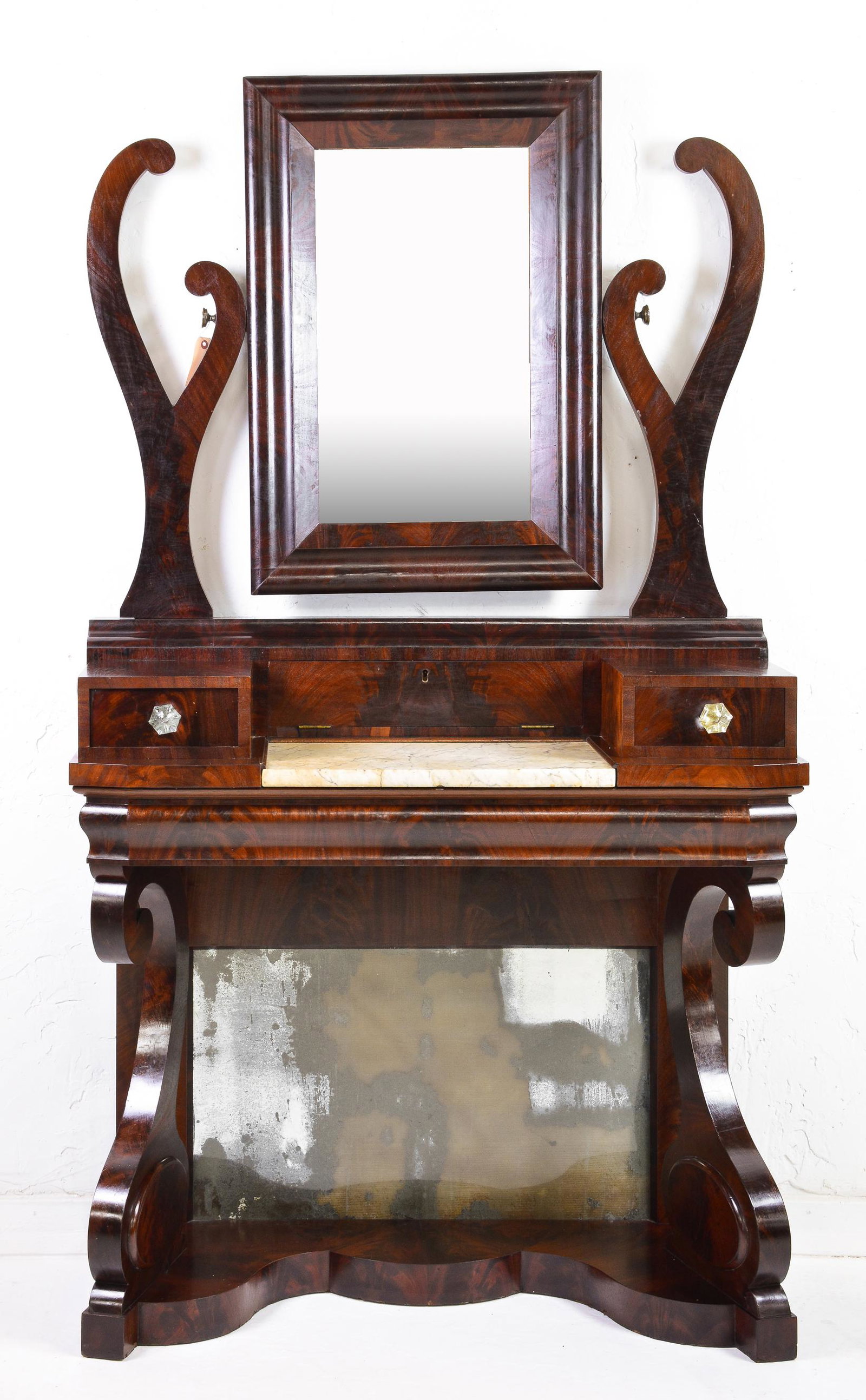 Antique American Empire Style Marble Top Dresser: Antique American Empire style mahogany mirrored marble top dresser on mirrored petticoat base c.1850 - 75 in tall x 42 x 18