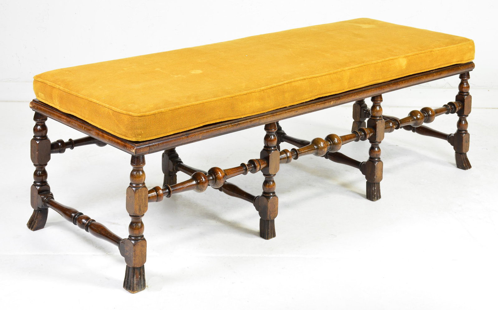 Large 8 Leg Mahogany Bench / Window Seat: Large English Mahogany 8 Leg Bench / Window Seat with Gold Cushion - 21 in tall x 63 x 24
