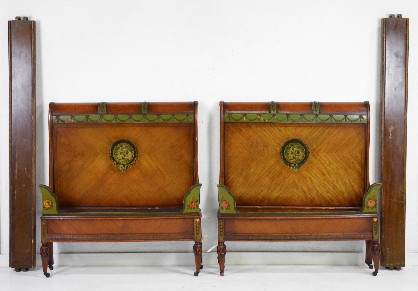 Pair Louis XVI Style Antique Twin Beds: Pair French Louis XVI Style American Painted Twin Beds c. 1900-1920 - Head Board is 46 in tall x 41 x 7, rails are 67 inches long