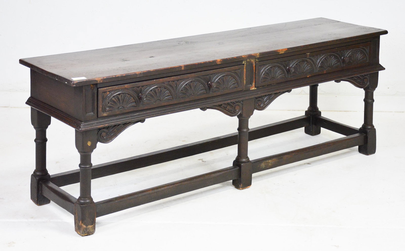 Low Carved Oak Console / Sofa Table: English Low Carved Oak Console / Sofa Table - 24 in tall x 67 x 18