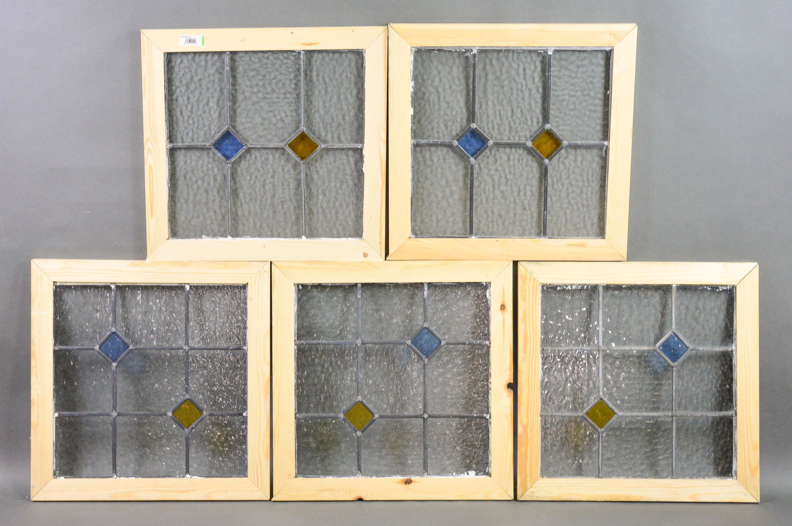 5 Stained Glass Windows - Blue / Yellow Diamond: 5 British Stained Glass Windows - Blue / Yellow Diamond - New Frames - 20 in tall x 20 x 1