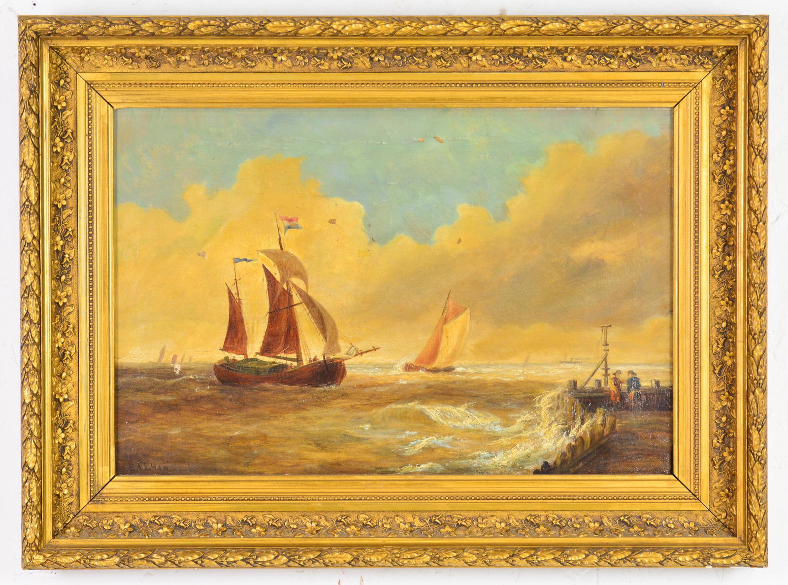 Ernest A.L. Ham Oil On Canvas - Harbor (1874-1958): Gold Gilt Framed Oil on Canvas by Ernest A. L. Ham - 1874-1958 - Harbor Scene - 24 in tall x 31 x 4