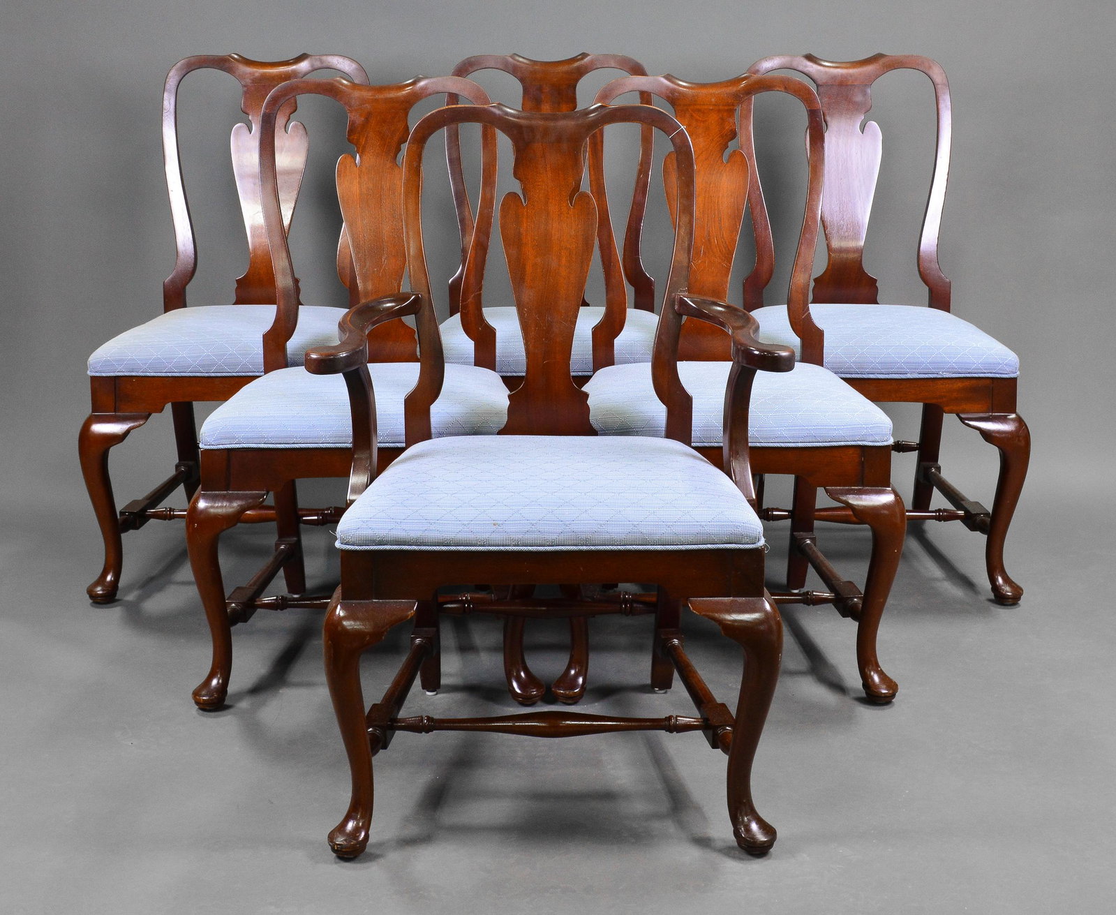 6 Queen Ann Mahogany Chairs With Blue Upholstery: 6 Queen Ann Mahogany Chairs with Blue Upholstery - 1 Arm Chair & 5 Side Chairs - Arm Chair is 39 in tall x 27 x 23, Side Chairs are 39 in tall x 21 x 21