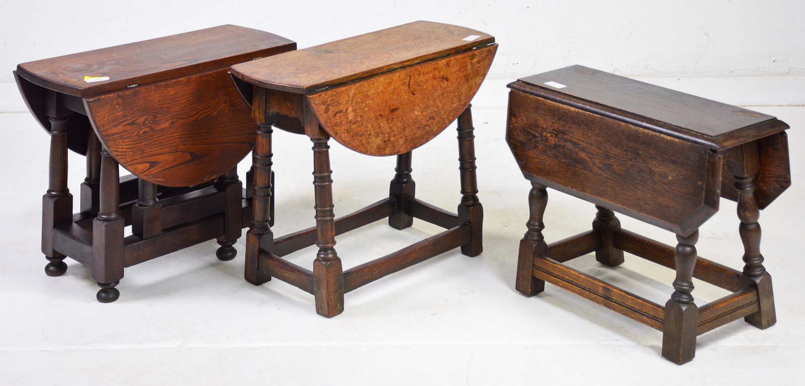Trio of Small British Drop Leaf Tables: Trio of Small British Gate Leg Tables - Largest is 19 in tall x 10 x 24 when closed plus two 10 in leaves