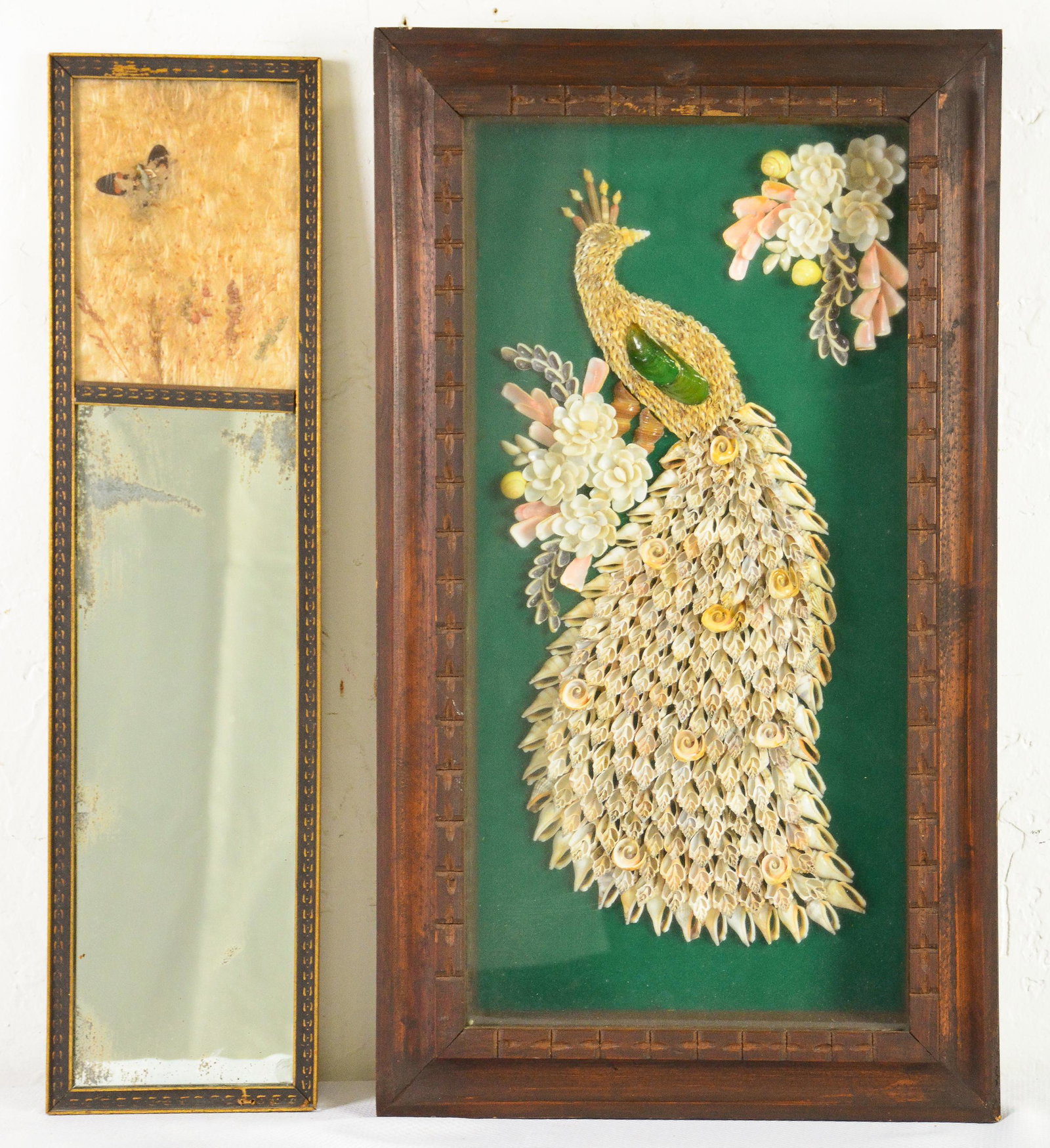 Small Framed Mirror & Shell Peacock in Shadow Box: Small Framed Mirror & Shell Peacock in Shadow Box - 28 in tall x 17 x 2 and 28 in tall x 8 x 1