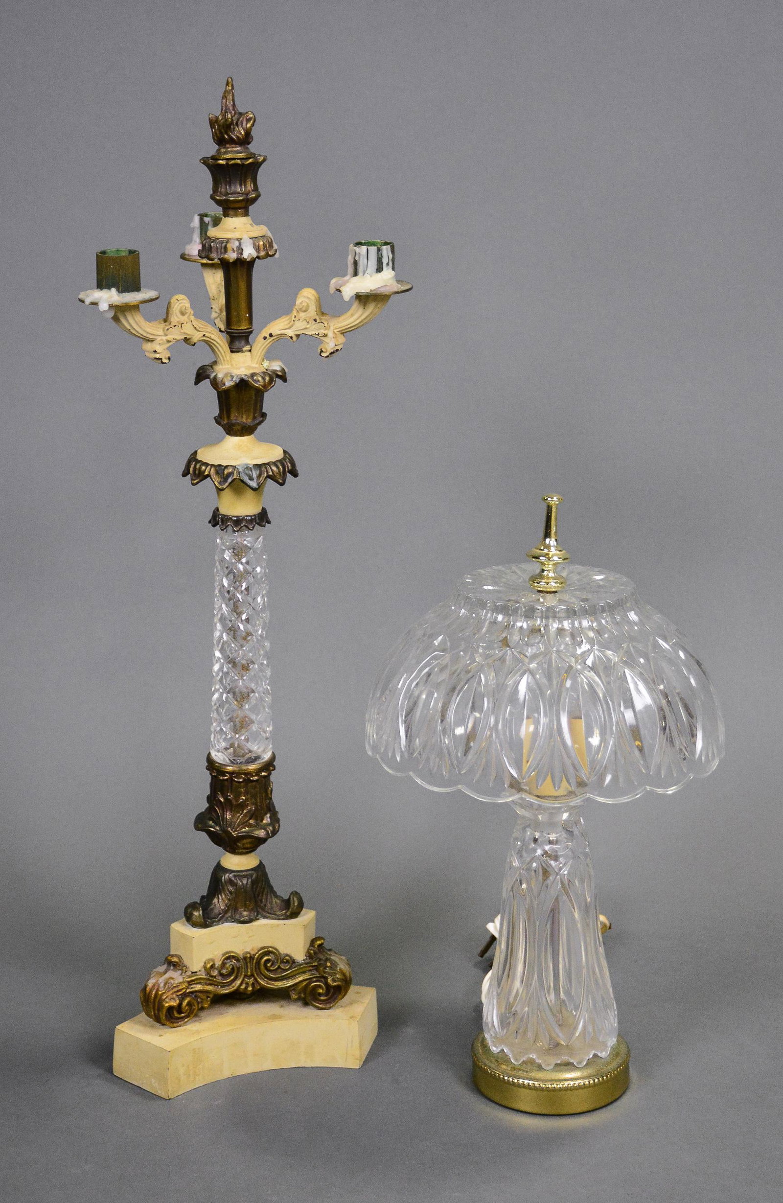 Small Cut Glass Lamp & Candelabra: Small Cut Glass Lamp & Candelabra - 24 in tall x 7 and 14 in tall x 12 x 12
