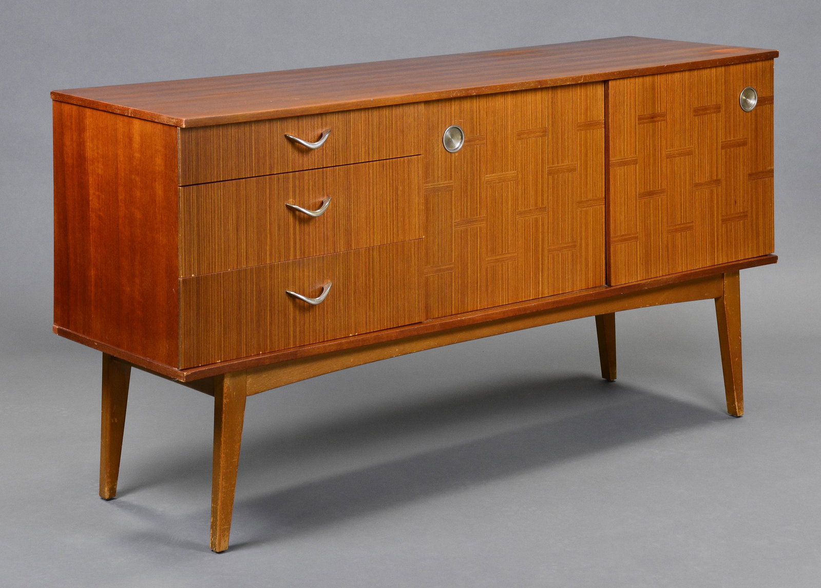 Sliding Door Mid Century Sideboard with Inlayed Doors: Danish Modern Style Credenza - 30 in tall x 57 x 17