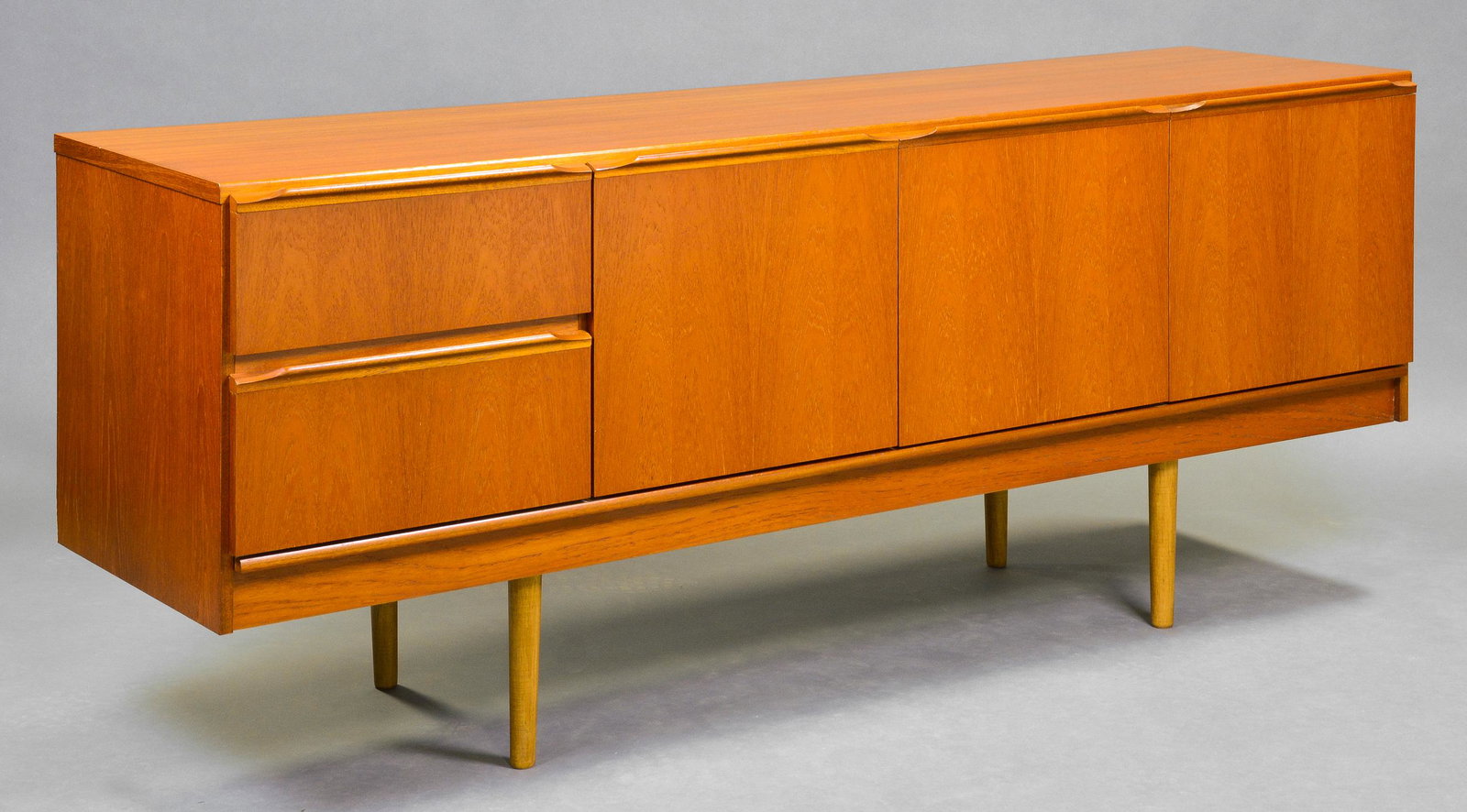 Mid Century Modern Teak Sideboard on Tapered Legs: Danish Modern Style Credenza from England - 29 in tall x 72 x 20