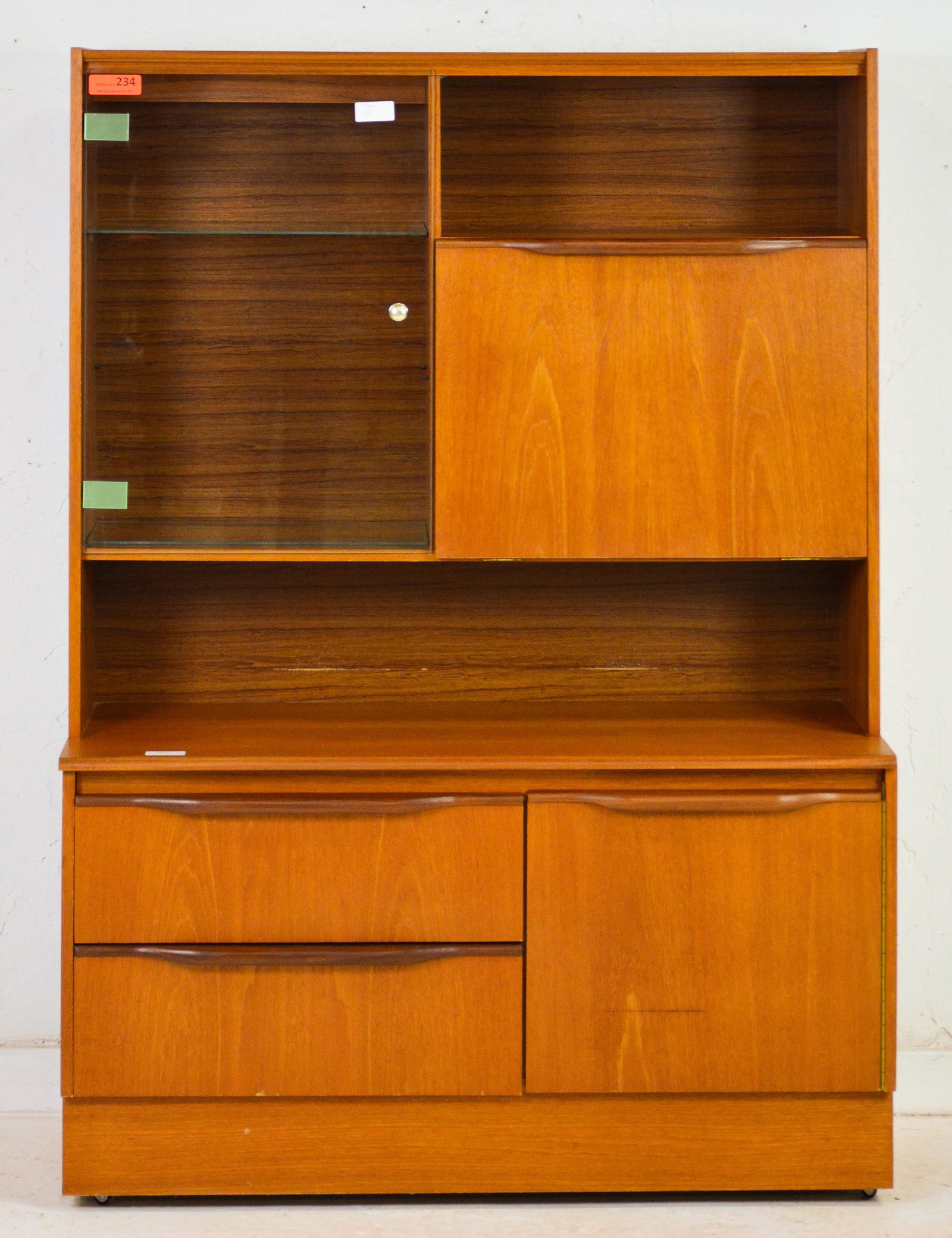 Mid Century Modern Teak Cocktail Cabinet: Danish Modern Style Teak Cocktail Cabinet with Glass Door - 59 in tall x 42 x 18