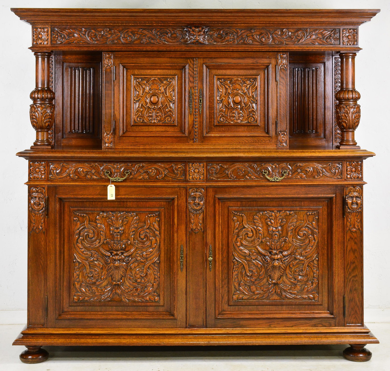 Very Large Carved Tudor Style Court Cupboard: Very Large Carved Tudor Style Court Cupboard - 78 in tall x 82 x 27