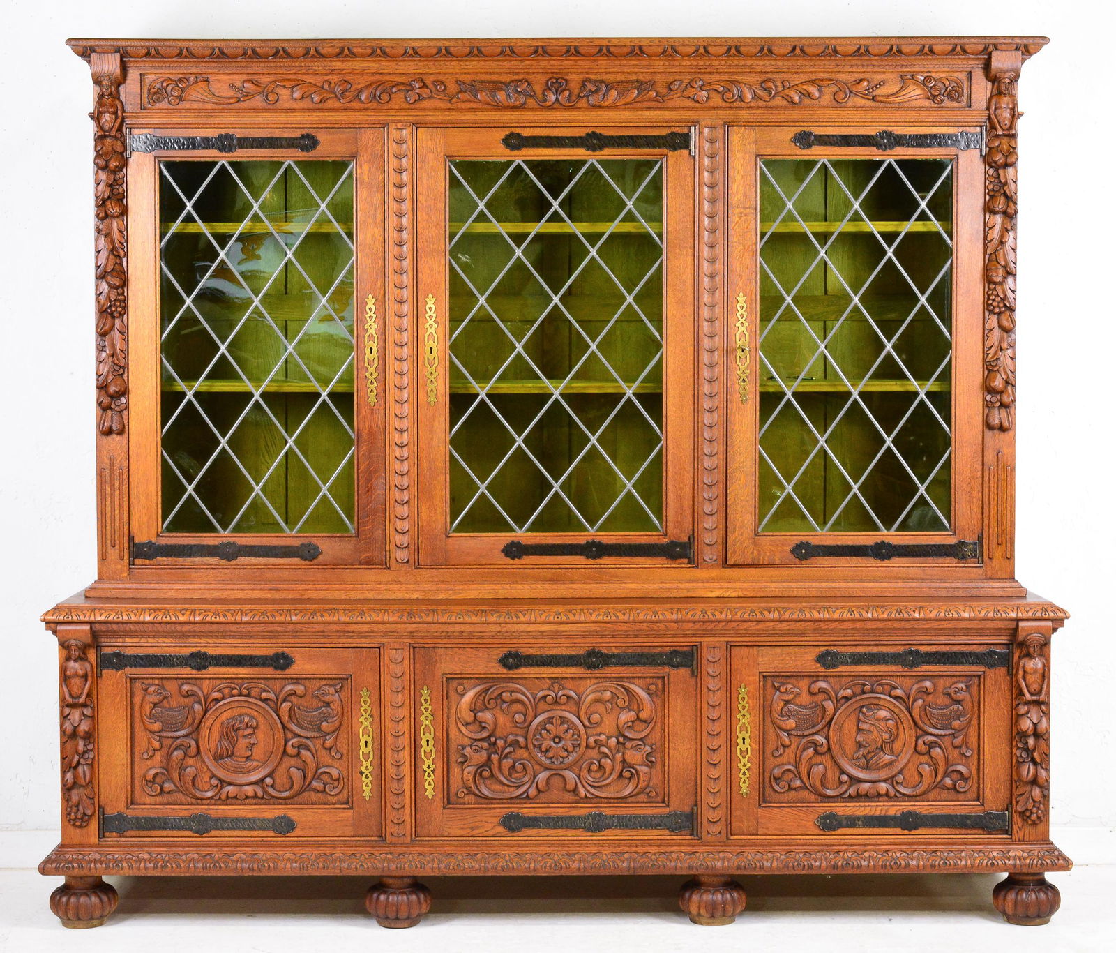 Large Carved Tudor Style Bookcase With Leaded Glass (1 of 7)