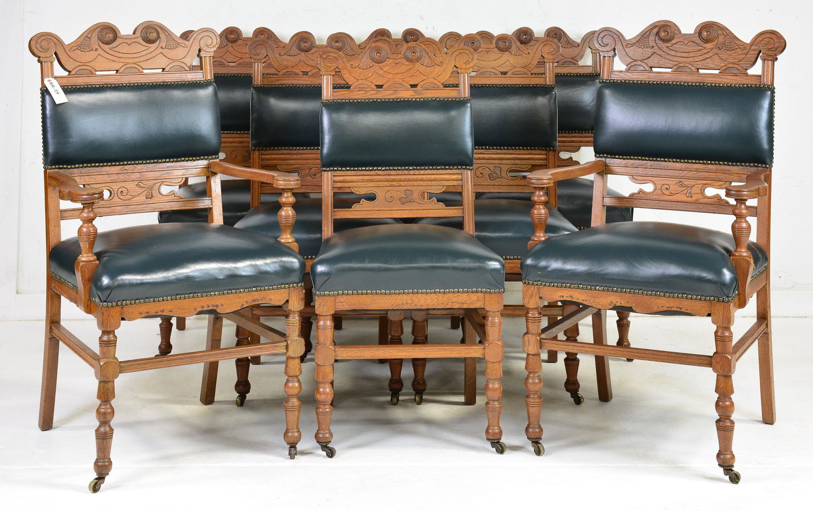 Set of 8 Carved Oak Leather Upholstered Chairs (1 of 6)