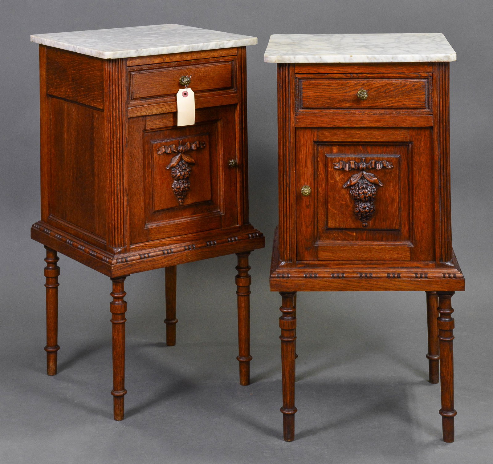 Pair French Louis XVI Style Marble Top Night Stands: Pair French Louis XVI Style Marble Top Night Stands / Pot Cupboards - 32 in tall x 16 x 16