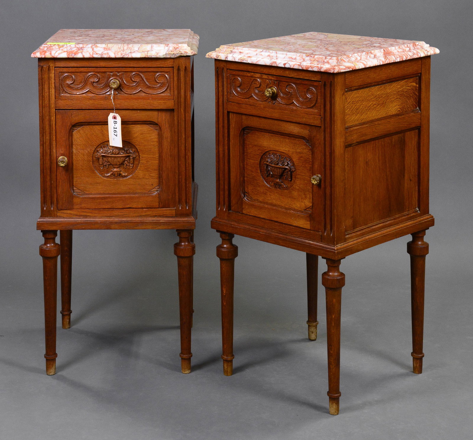Pair French Louis XVI Style Marble Top Night Stands: Pair French Louis XVI Style Marble Top Night Stands / Pot Cupboards - 33 in tall x 17 x 17