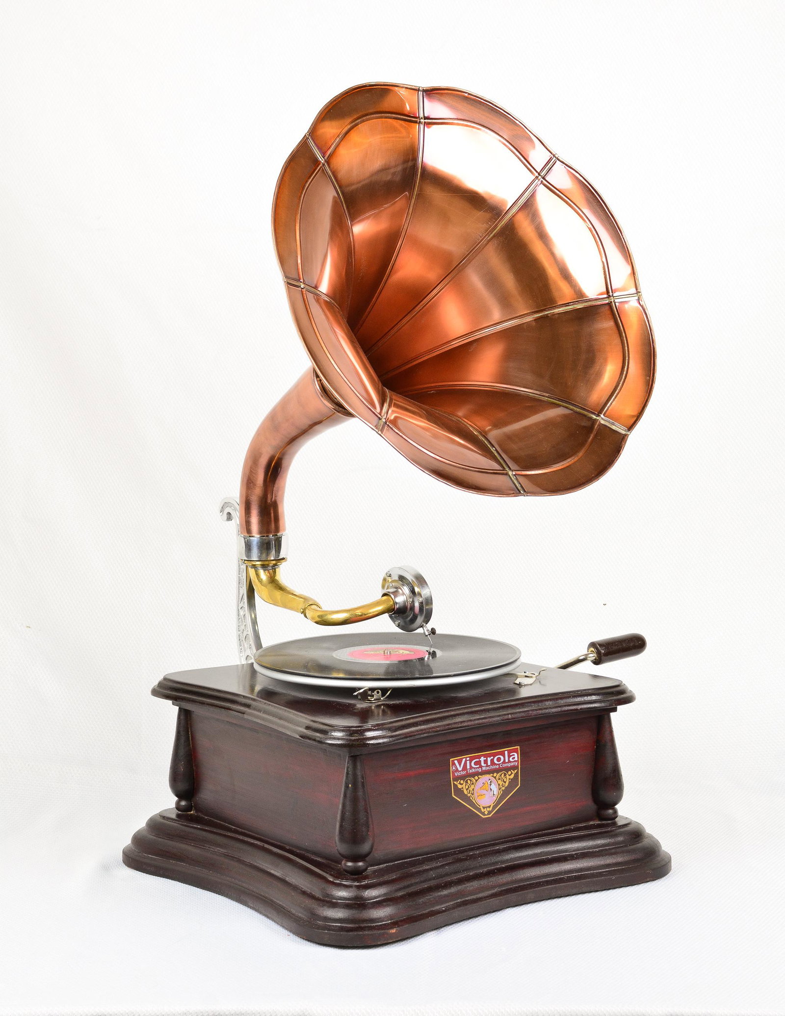 Oak Cased Gramophone / Victrola With Copper Horn: Oak Cased Gramophone / Victrola with Copper Horn - 29 in tall x 15 x 19