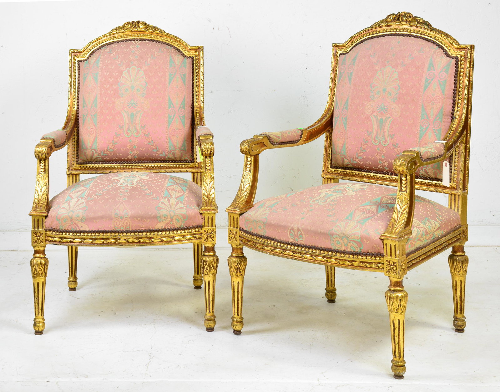 Pair Gold Gilt French Style Upholstered Arm Chairs: New Item, Pair Gold Gilt French Style Upholstered Arm Chairs - 44 in tall x 27 x 23