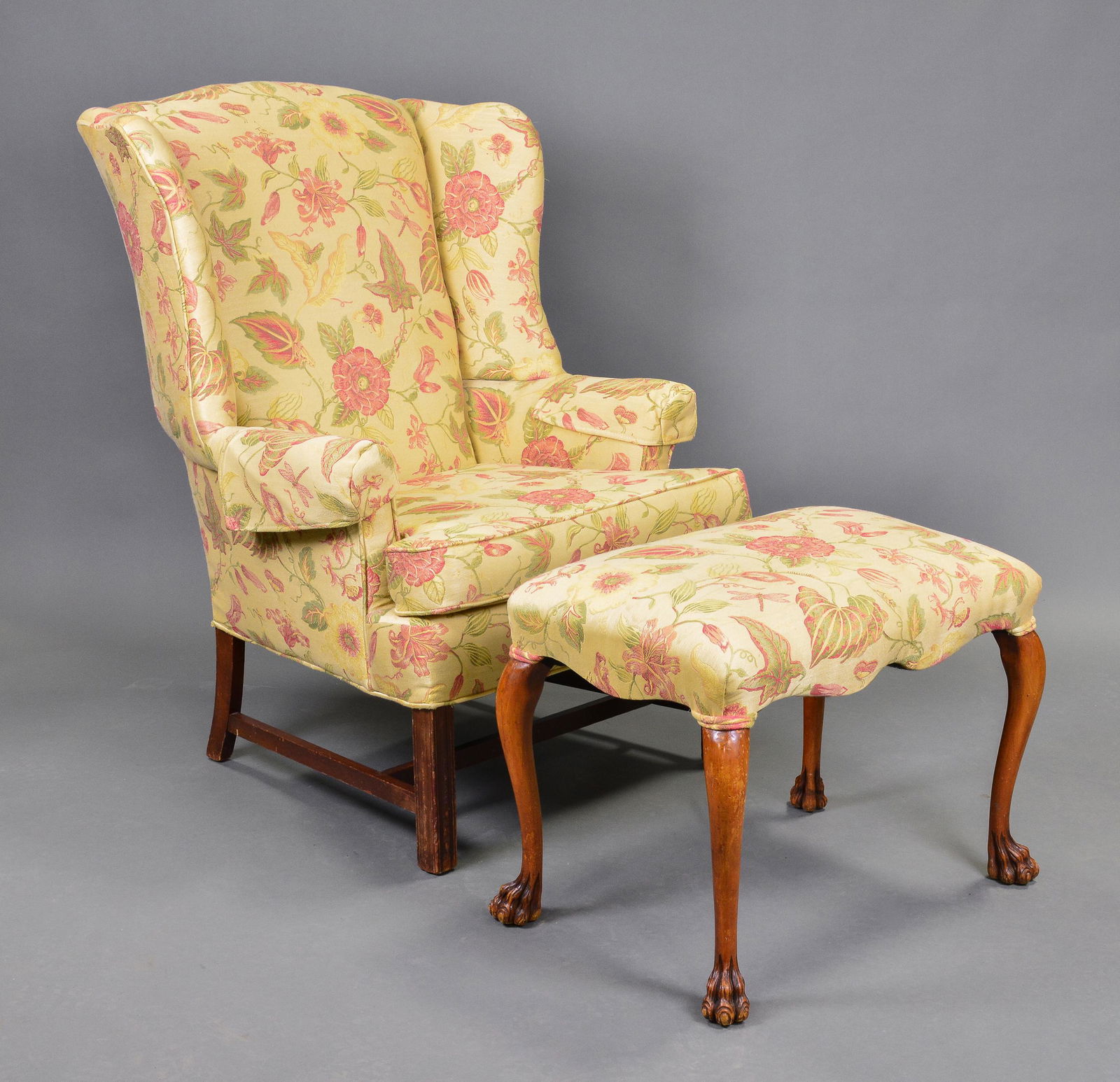 Upholstered Wing Back Arm Chair & Claw Foot Stool (1 of 5)