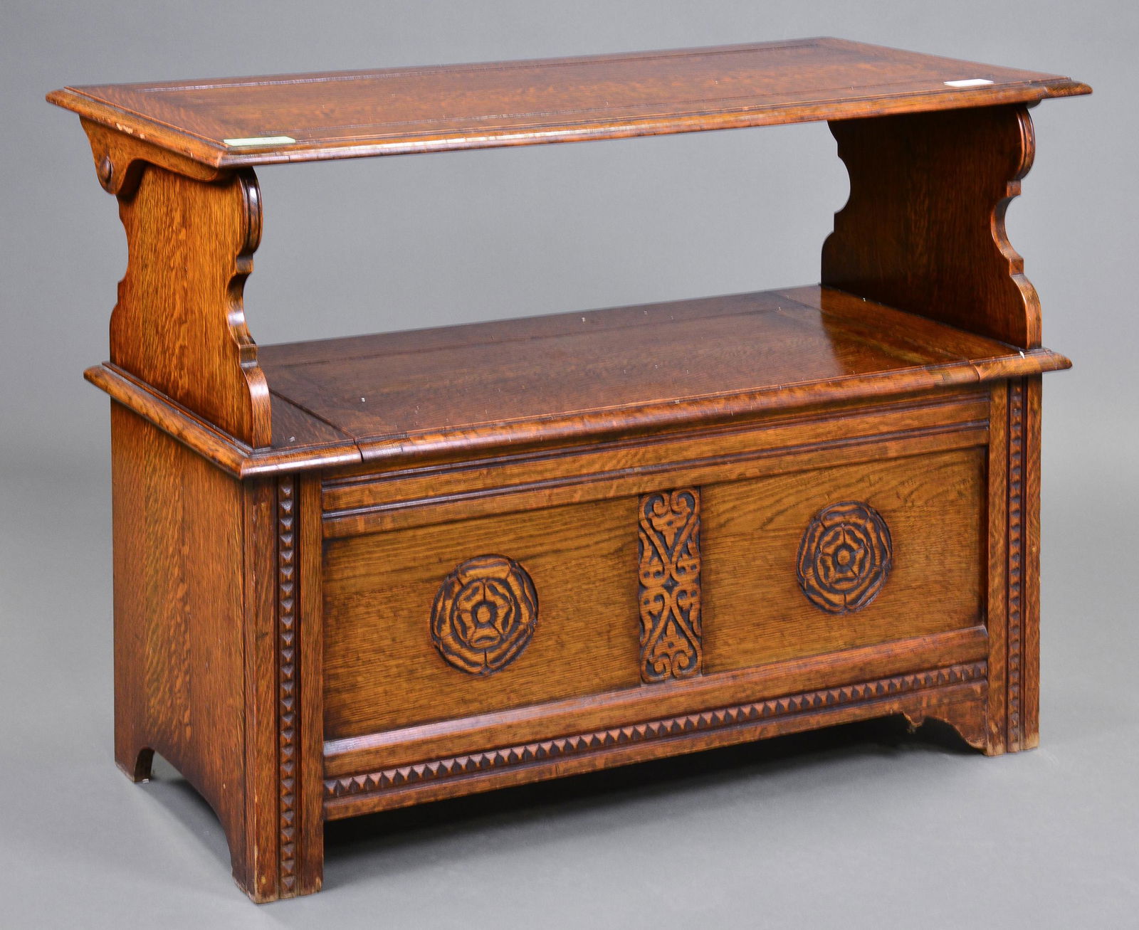 Carved Oak Monks Bench (1 of 5)