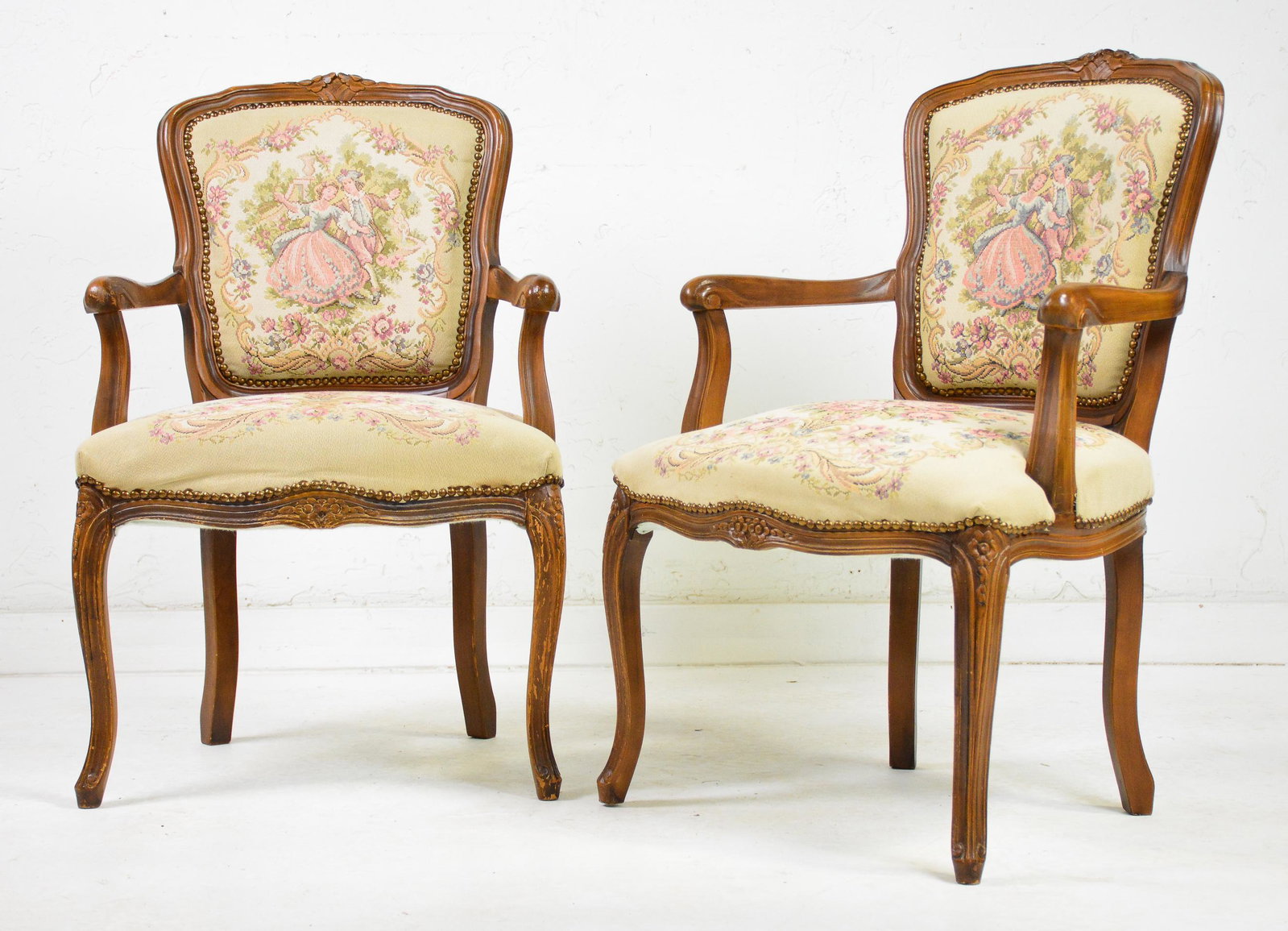 Pair French Style Upholstered Arm Chairs: Pair French Style Upholstered Arm Chairs - 33 in tall x 20 x 23