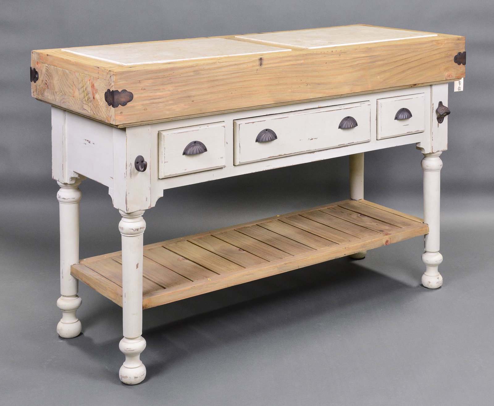 Large 3 Drawer Kitchen Island With Inset Marble: This butcher block style kitchen island is new and has a reclaimed New Zealand Pine top with Two Marble Panels on a painted base with pot rack. It features antique style hammered bottle opener, towel 