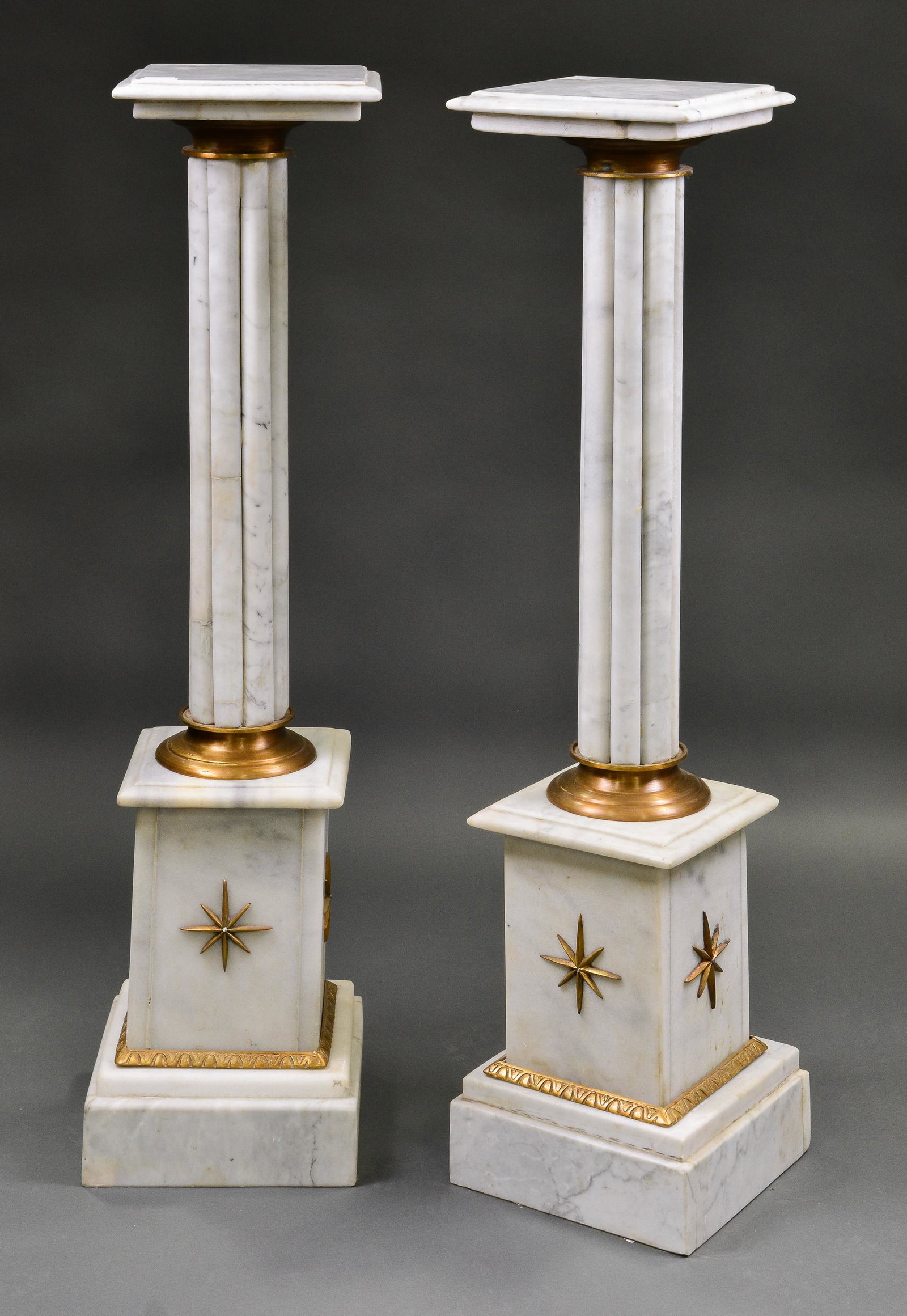 Pair White Marble Pedestals / Stands #2: Pair White Marble Top Pedestals / Stands with Ormolu - 43 in tall x 11 x 11