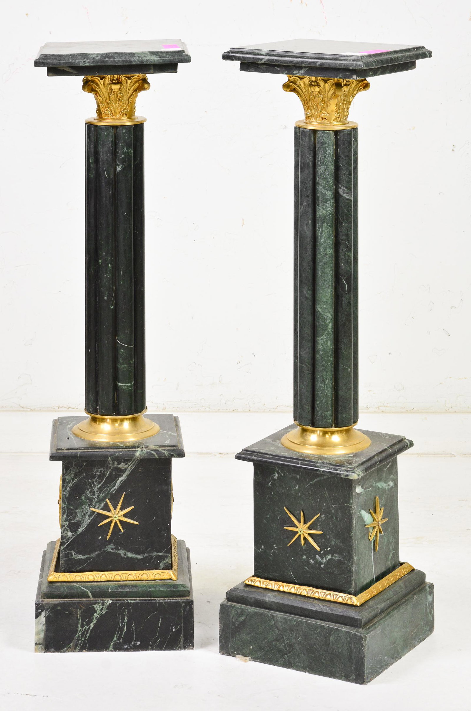 Pair Green Marble Pedestals / Stands With Ormolu: Pair Green Marble Pedestals / Stands with Ormolu - 40 in tall x 11 x 11