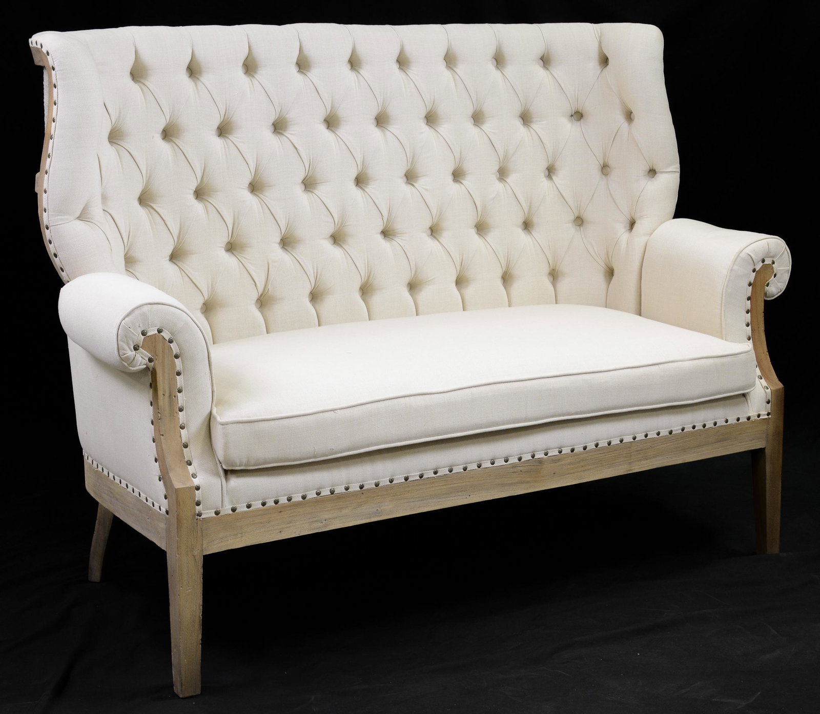 Coastal High Back Tufted Linen Settee / Sofa: New Item, Coastal High Back Tufted Linen Settee / Sofa - 45 in tall x 61 x 31