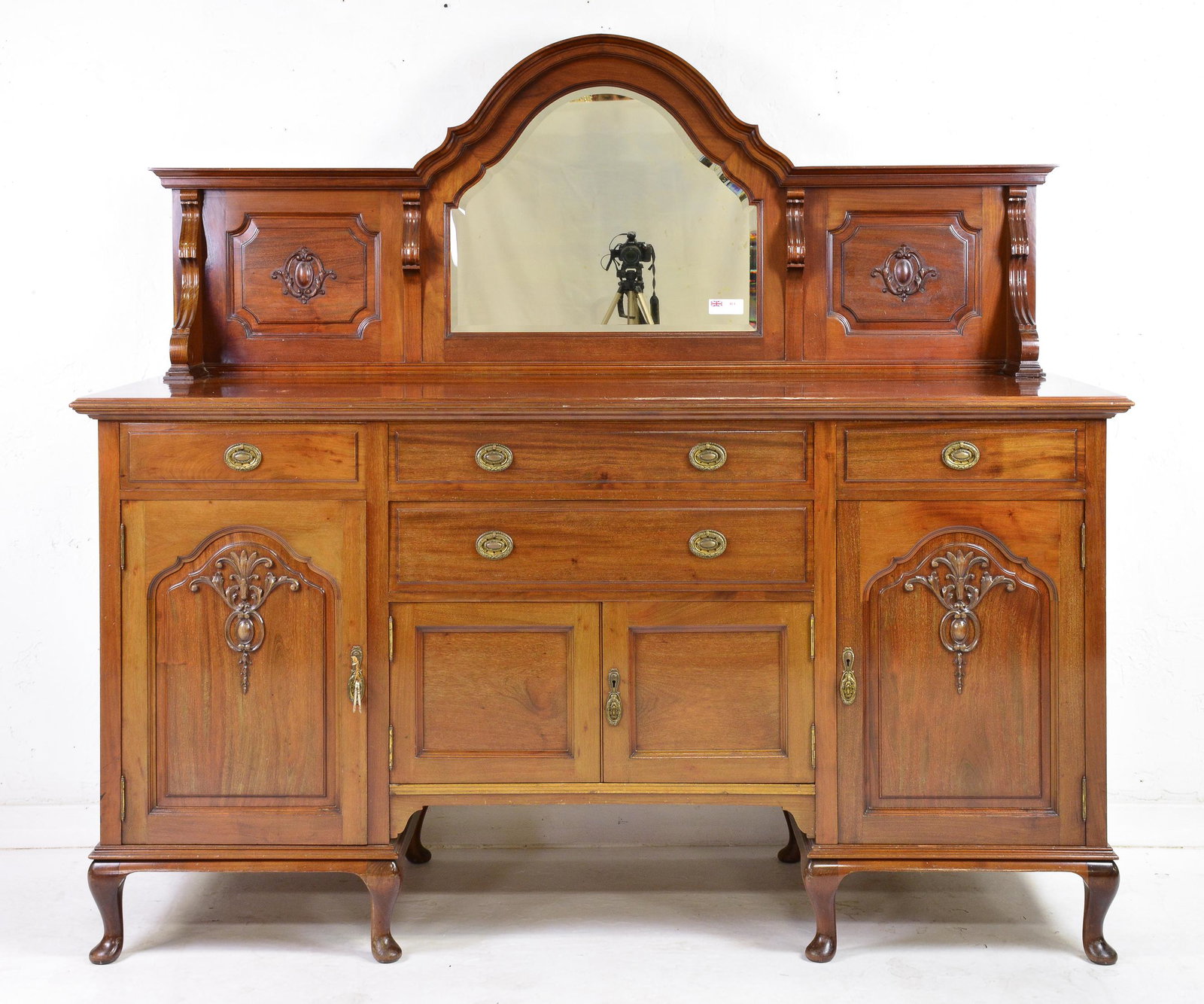 British Mahogany Mirror Back Server / Sideboard: British Mahogany Beveled Mirror Back Server / Sideboard on Queen Ann Legs - 67 in tall x 73 x 26 (Mirror does have wear)