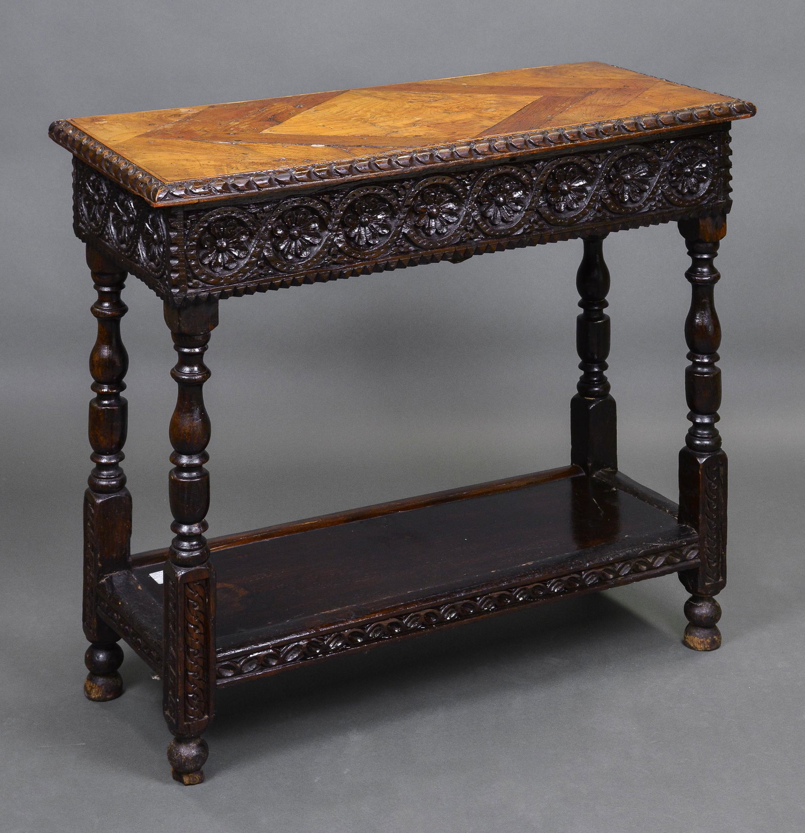 British Carved Oak Small Hall Console: British Carved Oak Small 2 Tier Hall Console - 28 in tall x 32 x 15