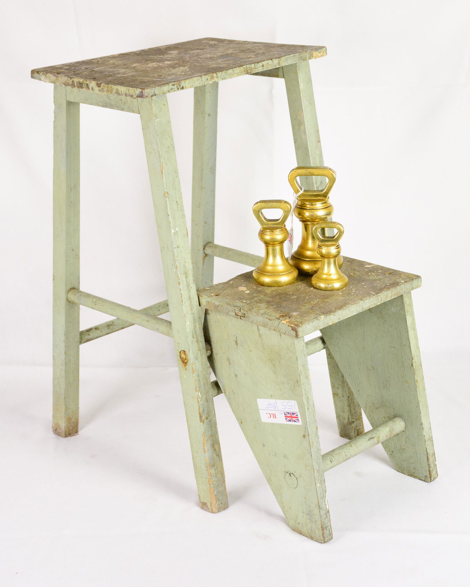Vintage Painted Step Ladder & 3 Brass Bell Weights: Vintage Painted Step Ladder & 3 Brass Bell Weights - 23 in tall x 13 x 14 (measurements for ladder only)