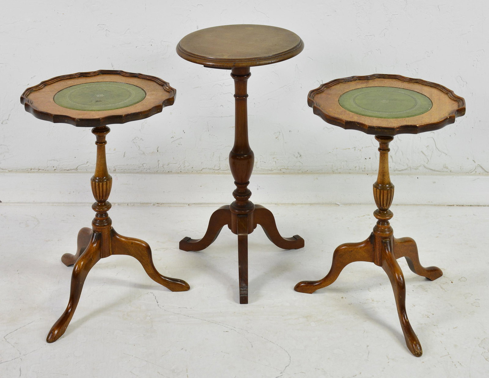 3 Small British Mahogany Wine Tables: 3 Small British Mahogany Wine Tables - 24 in tall x 13 inch diameter (measurements for largest only)