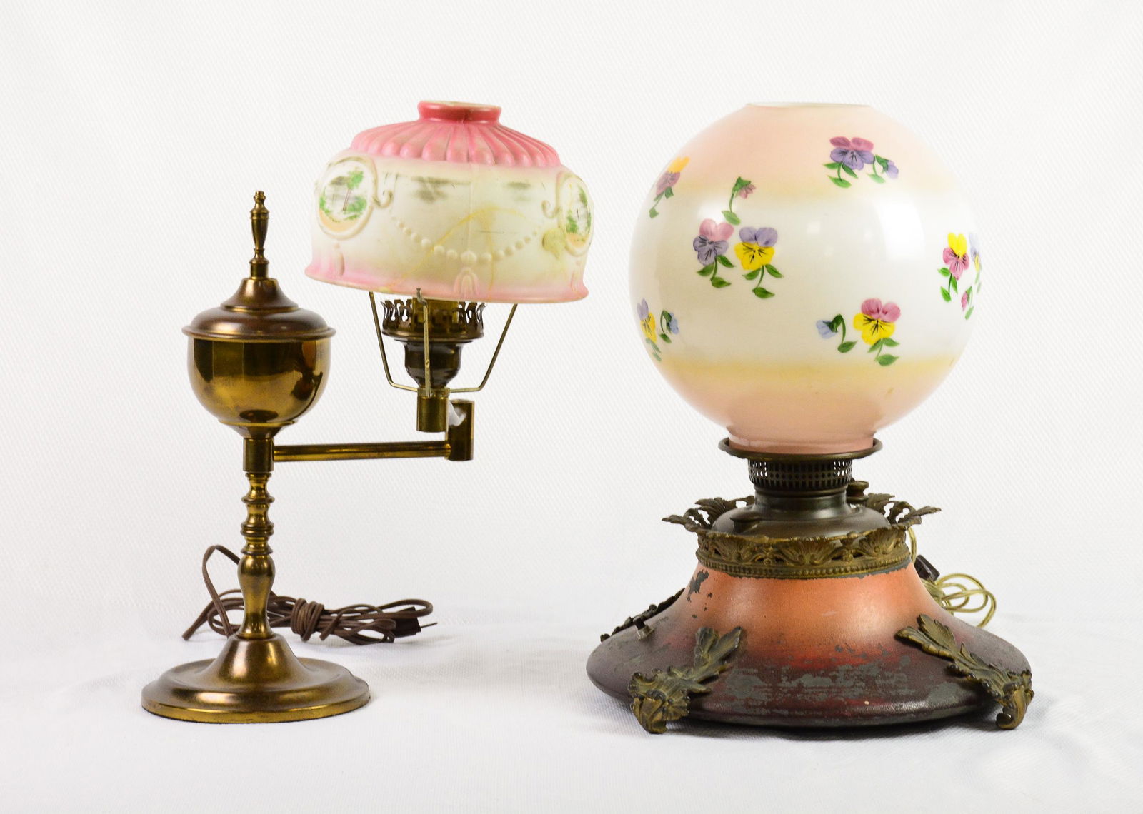 Gone With The Wind Lamp & Desk Lamp: Gone With The Wind Lamp with Pink Floral Shade & Brass Desk Lamp with Shade - 17 in tall x 13 x 13