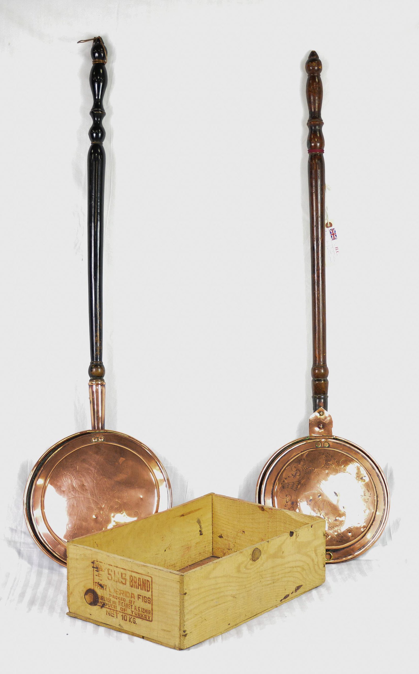 2 Victorian Copper Bed Warming Pans & Pine Box: 2 Victorian Copper Bed Warming Pans & Pine Box - 42 in long x 12