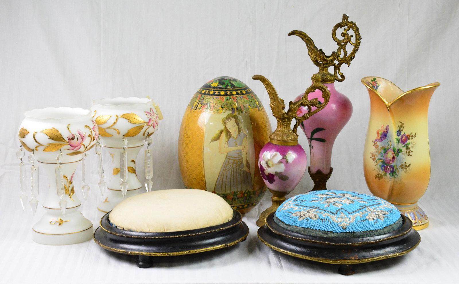 8pcs Assorted Estate Items - Vase, Stools, Etc.: 8pcs Assorted Estate Items - Vases, Stools, Etc. - 13 in tall x 9 x 9 (measurements for largest only)