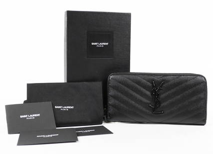 YSL Front Logo Zip-Around Wallet: Genuine Pre-Owned Y-Saint-Laurent Front Logo Zip-Around Wallet in Black Matelasse Leather in AB condition. Date Code is HPP/3580/4/0316  This lot includes Dustbag, Box. Measurements: 19*2*9,5cm (Lengt