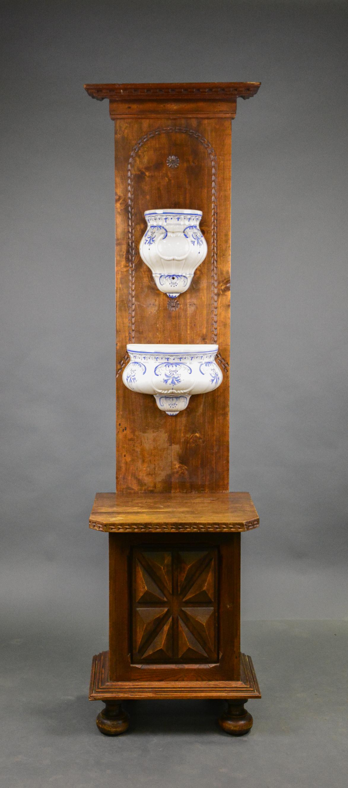 Porcelain Fountain / Font On Tall Beech Stand: Porcelain Water Font / Fountain on Tall Beech Stand - 77 in tall x 20 x 16